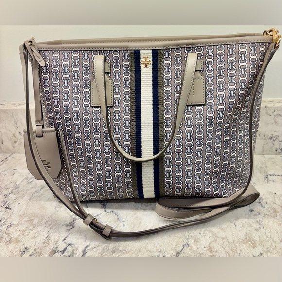 Tory Burch Gemini Link Canvas Tote Navy Stripe Crossbody Strap |Neutral Jacquard - Picture 5 of 8